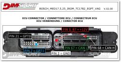 ECU connector with labeled pins for communication: +12V, ground, CAN L, CAN H, GPT0, GPT1.
