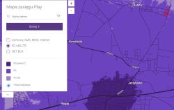 Mapa zasięgu sieci Play z zaznaczoną lokalizacją i poziomem pokrycia 5G i 4G LTE