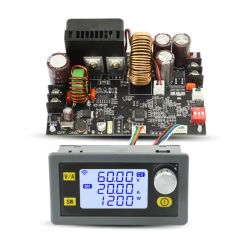 DC-DC converter board with coils and capacitors plus LCD control panel showing 60.00 V and 20.00 A