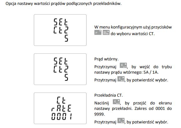 Opcja ustawienia wartości prądów przekładników na ekranie konfiguracji.