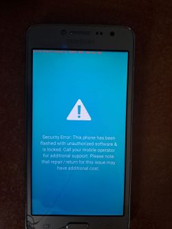 Samsung Galaxy J2 Prime z błędem bezpieczeństwa na ekranie