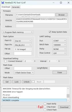 AmebaZ2 PG Tool 1.2.47 interface showing firmware download failure message