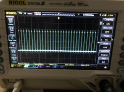 PWM Signal on Rigol DS1054Z Oscilloscope Oscilloscope screen displaying a PWM signal waveform.