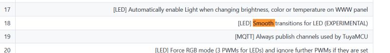 Table snippet of settings; option “[LED] Smooth transitions for LED (EXPERIMENTAL)” is highlighted