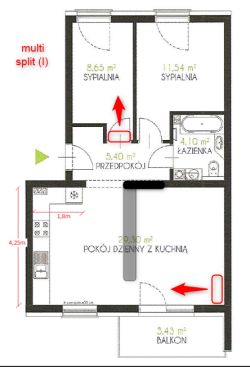 Schemat mieszkania 58 m² z zaznaczonymi dwoma jednostkami klimatyzacji multi-split – w małej sypialni i salonie z kuchnią.
