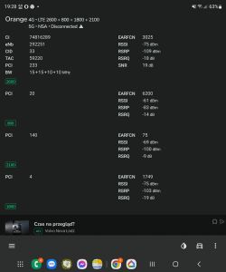 Zrzut ekranu z informacjami o połączeniu 4G LTE dla operatora Orange, pokazujący szczegóły takie jak częstotliwości, RSSI, RSRP, RSRQ i SNR.