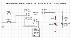 Schemat połączeń Arduino Uno z czujnikiem BMP280, dwoma przyciskami i dwiema diodami LED z rezystorami 220 Ω