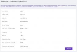 Zrzut ekranu z informacji o urządzeniu, zawierający dane jak adres IP, adres MAC oraz status połączenia.
