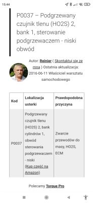 Zrzut ekranu opisu błędu P0037 dotyczącego czujnika tlenu HO2S w samochodzie