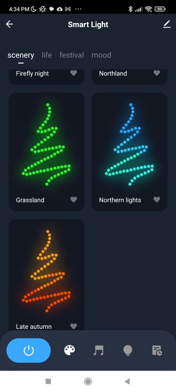 LED Light Control in App LED light control panel in an app. Three colors: green, blue, and orange in a Christmas tree shape.