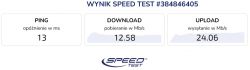 Speed test result with 13 ms ping, 12.58 Mb/s download, and 24.06 Mb/s upload.