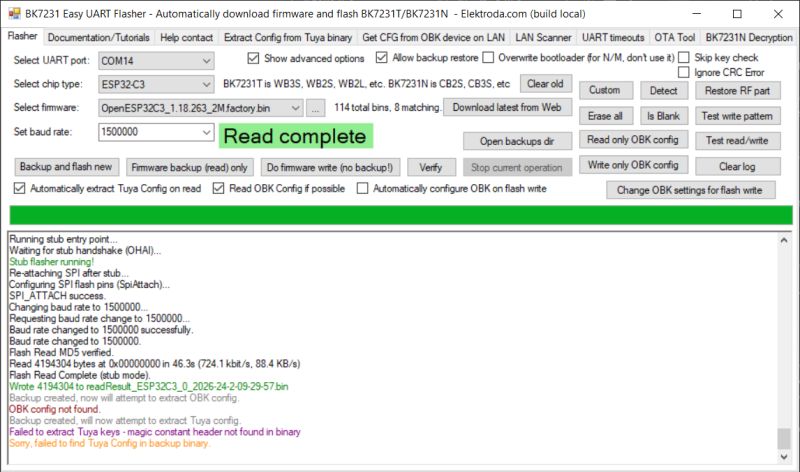 Screenshot of BK7231 Easy UART Flasher showing “Read complete” and a read-operation log.