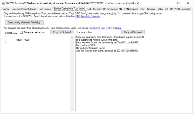 Zrzut ekranu programu BK7231 Easy UART Flasher z kartą „Extract Config from Tuya binary” i logiem.