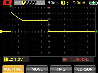 Ekran z oscyloskopu pokazujący początkowy pik napięcia do 3,3V, który po około 70 ms spada i stabilizuje się na poziomie 1,8V.