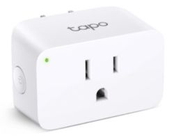 White Tapo smart plug with a US-style outlet, green LED indicator, and a side power button.