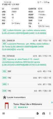 Zrzut ekranu z aplikacji Network Cell Info Lite pokazujący szczegóły sieci LTE 800 dla operatora Play, w tym parametry sygnału oraz informacje o lokalizacji BTS.