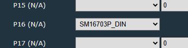 Config interface showing P16 set to SM16703P_DIN with P15 and P17 set to N/A
