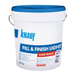Biały wiadro z niebieską pokrywą i uchwytem, oznaczone logo Knauf oraz napisem Fill &amp; Finish Light Sheetrock.