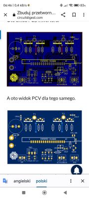 Dwie ilustracje pokazujące projekt i widok płytki PCB do inwertera na module EGS002.