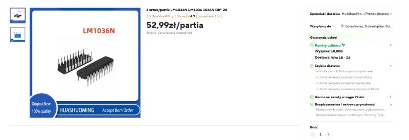 Zdjęcie trzech układów scalonych LM1036N ze złączami DIP-20 na tle oferty sprzedaży.