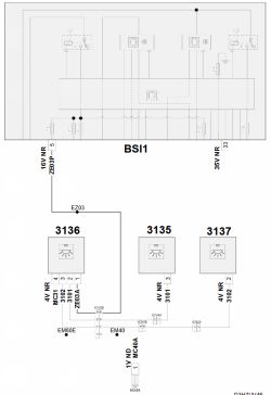 Schemat elektryczny pokazujący połączenia BSI1 z trzema modułami oświetlenia.