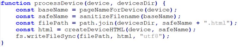 JavaScript code snippet generating HTML files for IoT devices