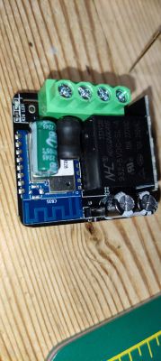 Electronic Module with Relay and Terminal Block Electronic module with a green terminal block and a black relay.