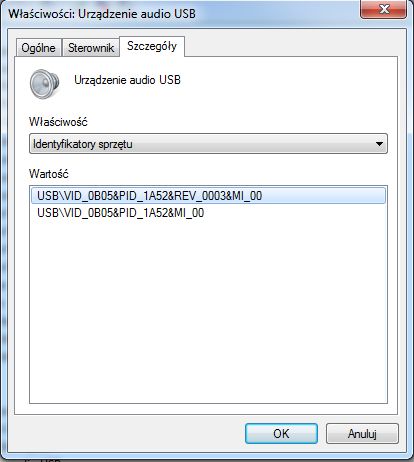 Okno właściwości urządzenia audio USB w systemie Windows 7, z wyświetlonymi identyfikatorami sprzętu.
