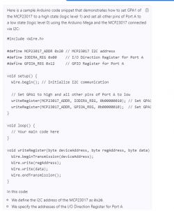 Arduino Code for MCP23017 Arduino C code snippet for controlling the MCP23017 chip.