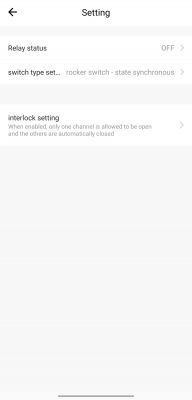 Screenshot of app settings with options: relay status, switch type setting, and interlock setting.