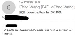 Screenshot of an email about the OPL1000 device, indicating it supports only STA mode, not soft AP.