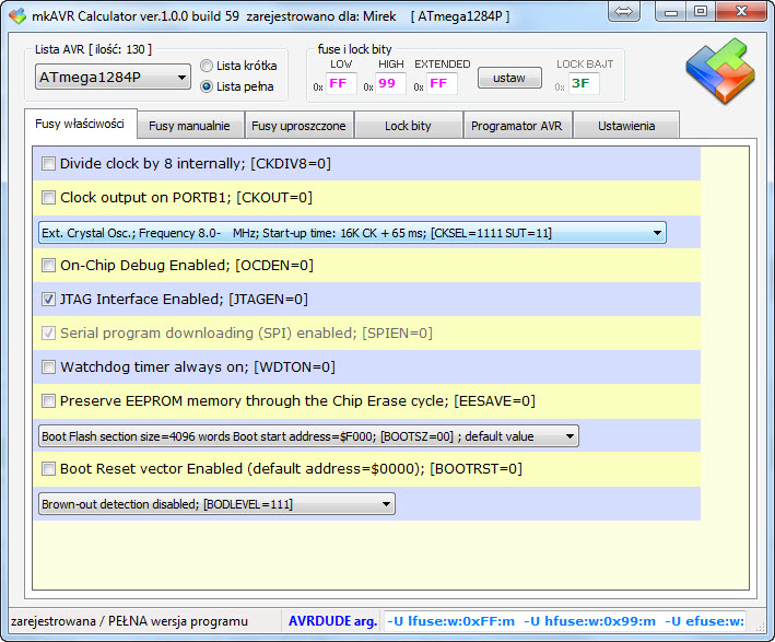 [atmega1284P] - Weryfikacja fuse bitów dla kwarcu 14,7456 MHz
