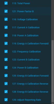 Configuration list with checked options for calibration of various parameters, such as voltage and current.