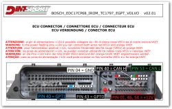 ECU connector pinout diagram with labeled pins and power instructions in multiple languages.