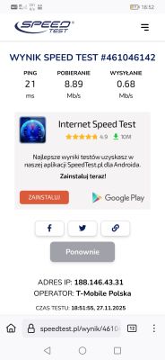 Wynik testu prędkości: ping 21 ms, pobieranie 8,89 Mb/s, wysyłanie 0,68 Mb/s