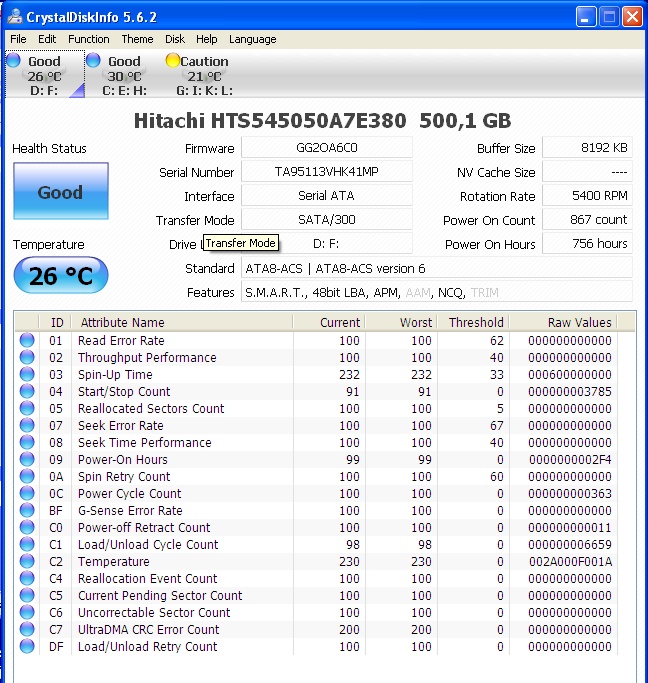 Dysk dziala poprawnie, ale stuka przy starcie i zatrzymaniu, SMART