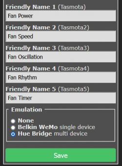 Tasmota GUI with 5 buttons for fan control.