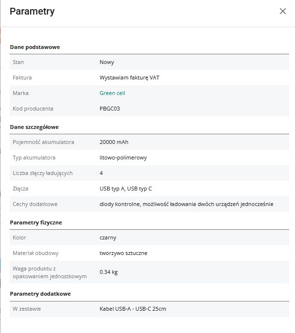 Parametry techniczne powerbanka Green Cell PBGC03