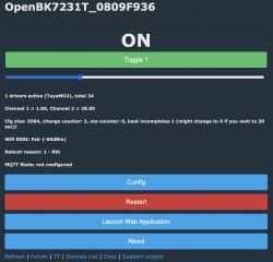 Web interface of OpenBK7231T dimmer showing device status, ON/OFF button, and brightness slider.