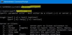 Wiersz polecenia z uruchomionym iperf3.exe i komunikatem o błędzie parametrów