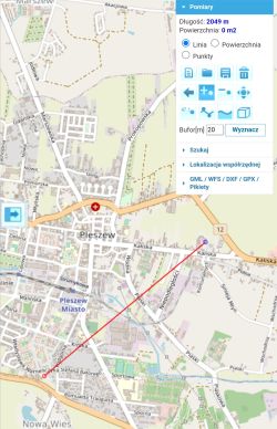 Mapa z zaznaczoną linią pomiarową między dwoma punktami o długości 2049 metrów