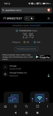 Zrzut ekranu Speedtest na telefonie: pobieranie 25,95 Mb/s, ping 29 ms, sieć Orange.