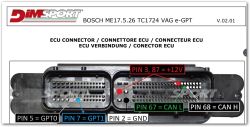 BOSCH ME17.5.26 TC1724 VAG ECU connector with labeled pins for power, ground, CAN, and GPT functions.