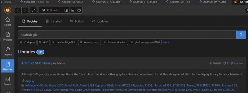 PlatformIO search window with adafruit gfx query.