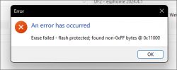 Error message regarding a failed erase operation with flash protection.
