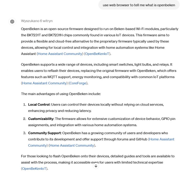 Zrzut ekranu przedstawiający opis OpenBeken, open-source'owego firmware'u.