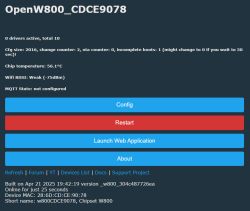 OpenW800 control panel with device status information and configuration buttons.