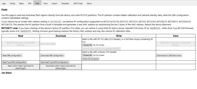 Screenshot of a “Flash” page with a table for reading, downloading, and writing RF/CFG/OBK configurations