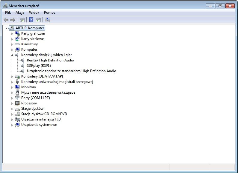 Screenshot of Device Manager in Windows 7 showing SDRplay RSP1 device.