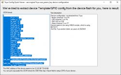 Screenshot of Tuya device configuration with GPIO port information and JSON data.